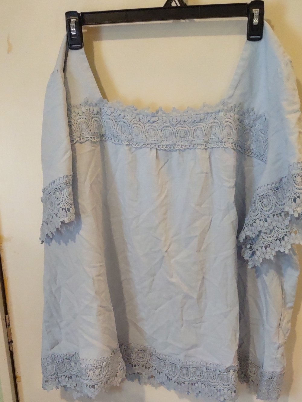 Bloomchic Light Blue Lace Trim Off-Shoulder Women's Topsz 26